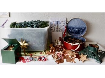 Christmas Including Swedish And Handmade Clay Ornaments, Vintage Tree Stand, Wreath In Vintage Hat Box, & More