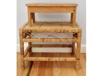 Cute Rattan Side Table And Small Wood Stool