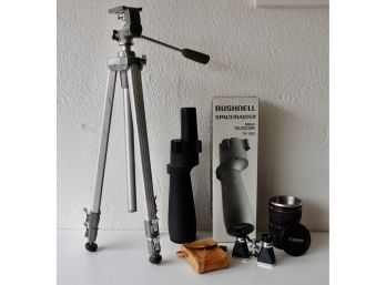 Bushnell Spacemaster 60mm Telescope, Tripod, Camera Lens Coffee Mug, And Vintage Ofuna Binoculars