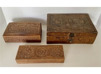 3 Carved Wood Trinket Boxes