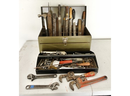 Vintage Tool Box With Tools Including Files, Rasps, Wrenches, And More