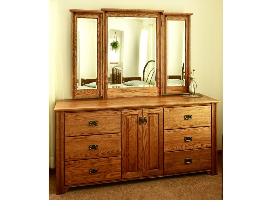 Woodley's Oak Finish Dresser With Mirror, Craftsman Style