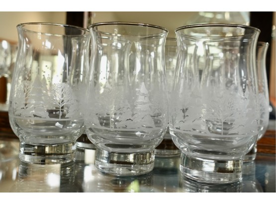 Etched Glasses With Winter Scene And Gold Rim