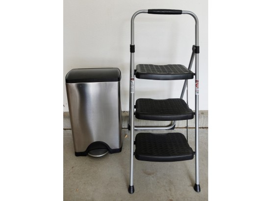 Simple Human Stainless Steel Trashcan And Folding Step Stool