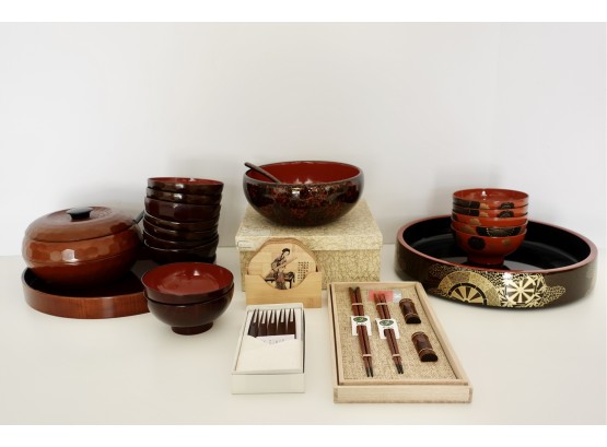 Japanese Serving Pieces Including Rice Bowls, Trays, Coasters, & Chopsticks