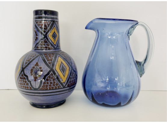 Hand Made Glass Pitcher And Ceramic Vase