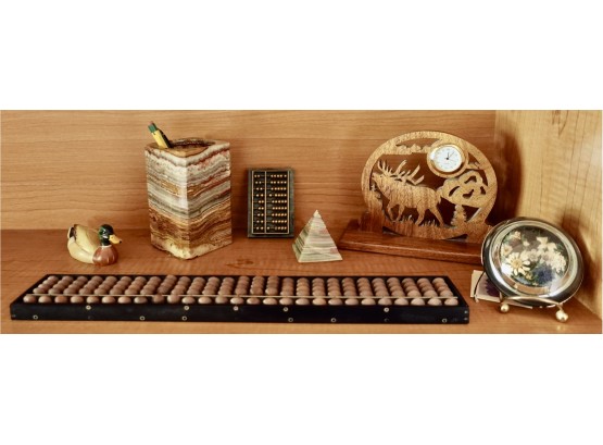 Assorted Desk Dcor Including Stone Pieces, Wood Clock, & Abacus'