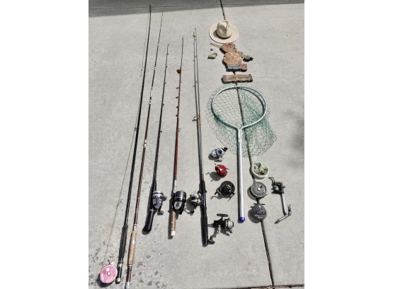 Assorted Fishing Including Rods, Reels, Net, & More