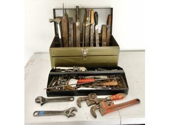 Vintage Tool Box With Tools Including Files, Rasps, Wrenches, And More