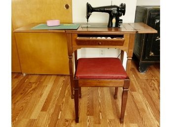 Vintage Singer Sewing Machine In Table With Storage Stool And Sewing Supplies