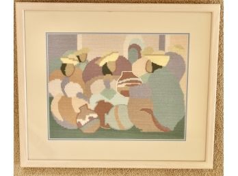 Beautiful Framed Needlepoint Of Bolivian Women With Pottery