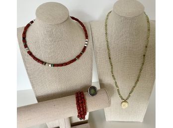 Coral & Turquoise Wrap Choker & Bracelet, Jade & Bone Beaded Necklace, & Native American Green Turquoise Ring