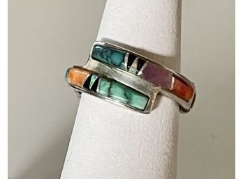 A Touch Of Santa Fe Sterling And Inlay Ring, Signed VV