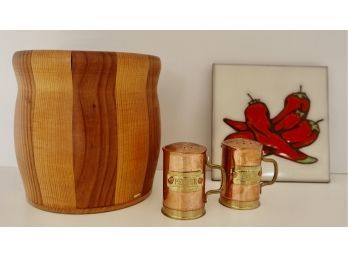Wood Utensil Holder, Trivet, And Little Copper Shakers