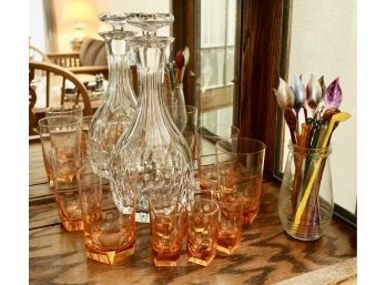 Cut Glass (crystal) Decanter With Colored Barware And Vintage Swizel Sticks