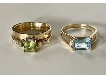 2 14k Gold Rings, One With Blue Topaz And One With Peridot.