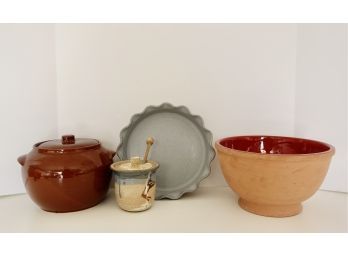 Kitchen Ceramics Including Mixing Bowl. Honey Pot, & Bean Pot