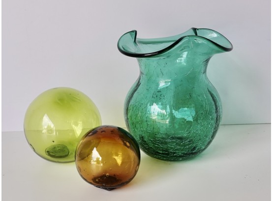 Blenko Art Glass Balls And 5' Tall Crackle Vase-maker Of Vase Unknown