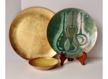 2 Mid Century Copper Enamel Dishes And Plastic Gold Tray - Plate Stand Not Included