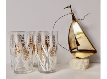 Vintage Tumblers And Signed Torched Brass Sail Boat On Stone