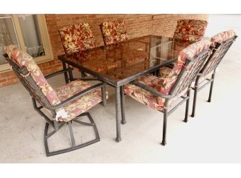 Glass And Metal Patio Table With 6 Chairs, 2 Are Swivels, & Cushions