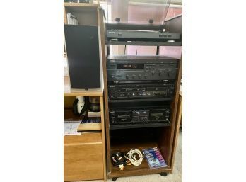 Vintage Sony Turntable, CD, And Tape Player With Yamaha Receiver & Athena Speakers In Cabinet