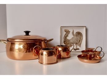 Assorted Copper Kitchenware And Sax Fifth Avenue Rooster Dish