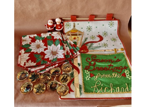 Vintage Hand Made Christmas Banner, Like New Napkins, & Ornaments