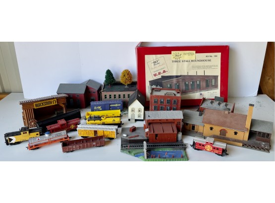 Assorted Train Buildings, Including HO Scale Three Stall Round House In Box, & Trains