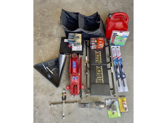 Assorted Auto: 3 Ton Jack, BMW Air Filter, Battery Charger, Oil Filters, Gas Can, & Windshield Wipers
