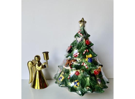St Nicholas Square Snow Bowl Ceramic Tree With Brass Angel Candle Holder