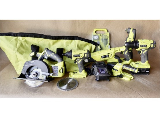 Large Lot Of Ryobi Lithium Battery Tools With Battery, Charger, Bits, And Bag