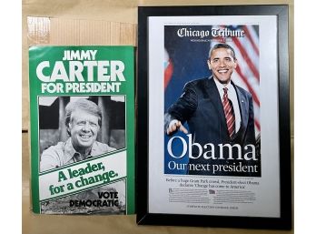 Vintage Jimmy Carter Campaign Poster With Framed Obama Article