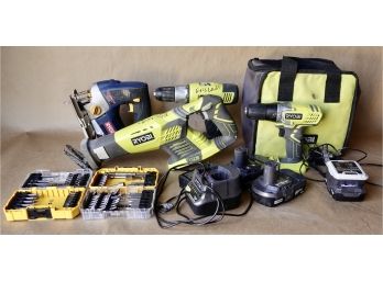 Ryobi Drills, Jigsaw, And Multitool With Bits, As Is