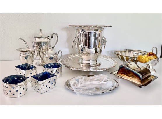 Gorgeous Vintage Silver Plate Including Ice Bucket, Heated Platter, Butter Dish