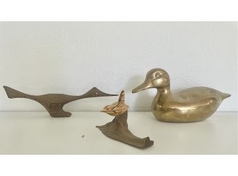Brass Duck And 2 Mid Century Carved Wood Birds