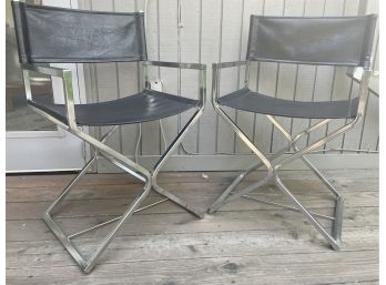 2 Black Leather & Chrome Frame Director Chairs, Likely Milo Baughman