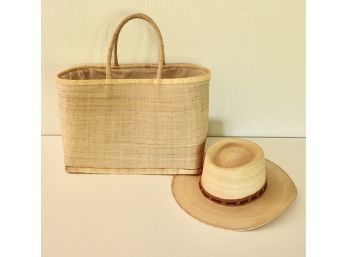 Large Wicker Canvas Tote And Sahuayo Staw Hat Sz 7 3/8'