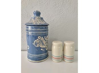 Vintage McCoy Shakers And Painted Ceramic Jar