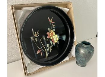 Vintage Lacque Tray And Small Metal Vase