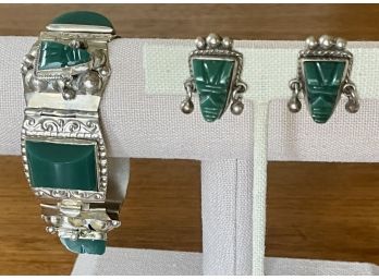 Vintage Sterling Taxco Bracelet And Earrings With Green Jade