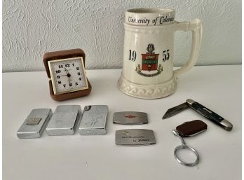 Vintage University Of Colorado Stein, Pocket Knives,zippo Lighters & Travel Clocks
