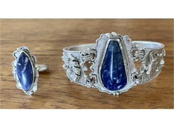 Lapis And Sterling Bracelet With Ring, 46g