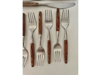 Mid Century Japanese Wood Handle Flatware Service For 8, Missing 2 Salad Forks And 1 Regular Fork