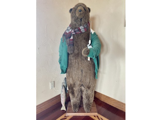 Human Size Fish'in Bear With String Of Wooden Trout