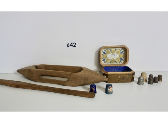 Antique Spool Box, Thimbles, & More