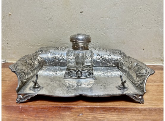 Sterling Ink Well With Tray & Angel Motif
