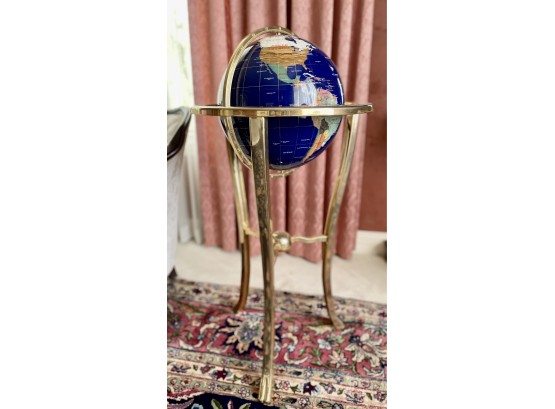 Vintage Globe With Stone Inlaid Map On Brass Stand