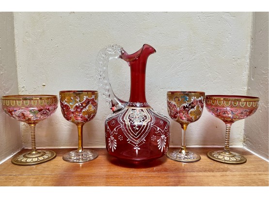 Bohemian Cranberry Glass Stemware & Decanter