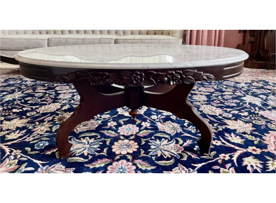 Italian Marble Topped Ornate Carved Mahogany Coffee Table By Kimball